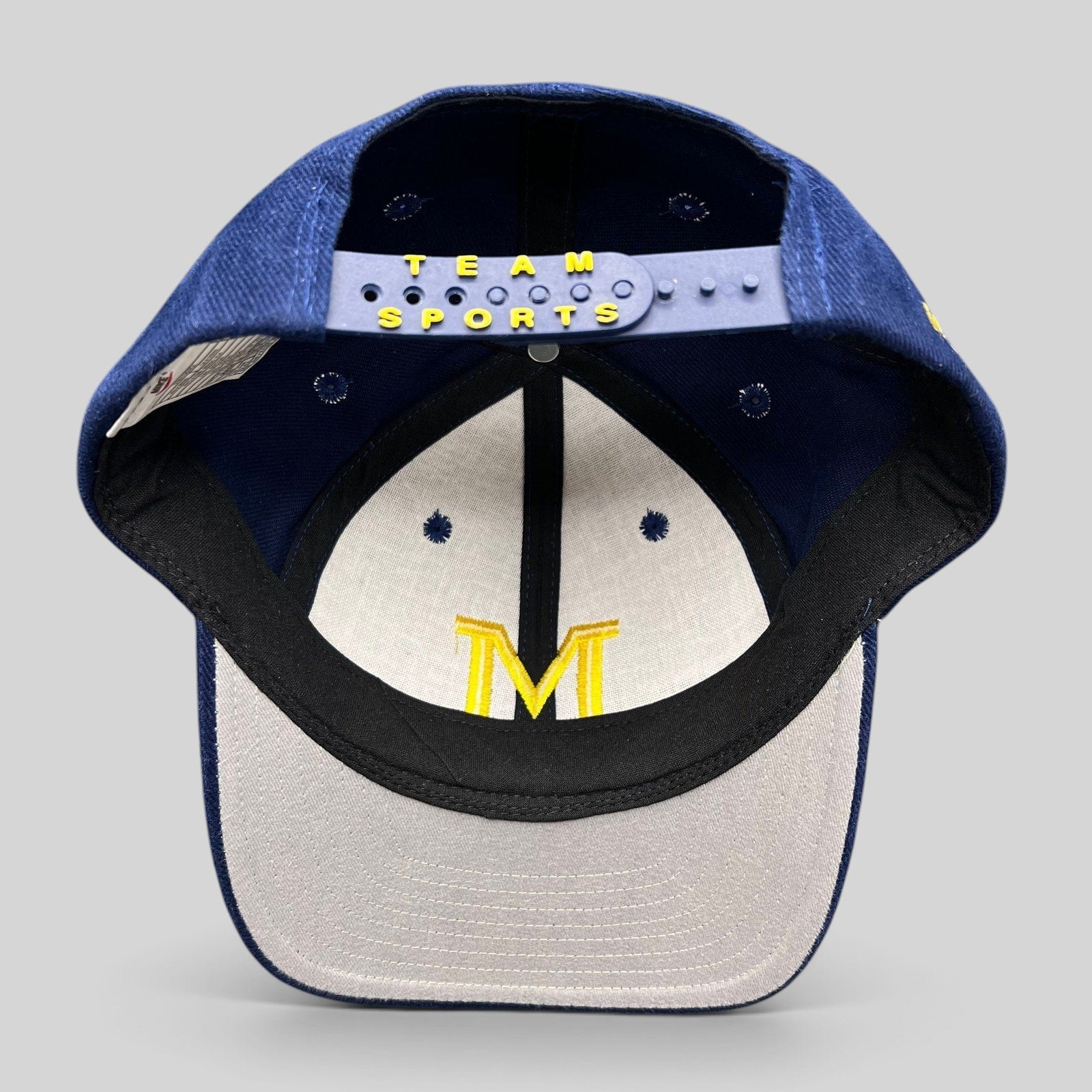 Raree Finds vintage Nike Team Sports Michigan Wolverines snapback hat showing the interior strap and block M logo