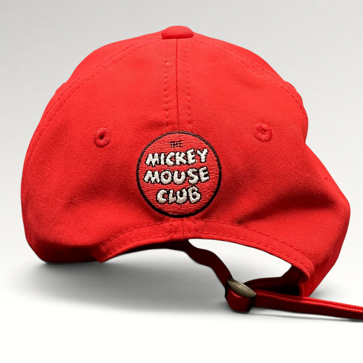 Raree Finds red Mickey Mouse Club House strapback hat with rear embroidered logo and adjustable brass buckle strap