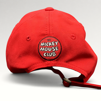 Raree Finds red Mickey Mouse Club House strapback hat with rear embroidered logo and adjustable brass buckle strap