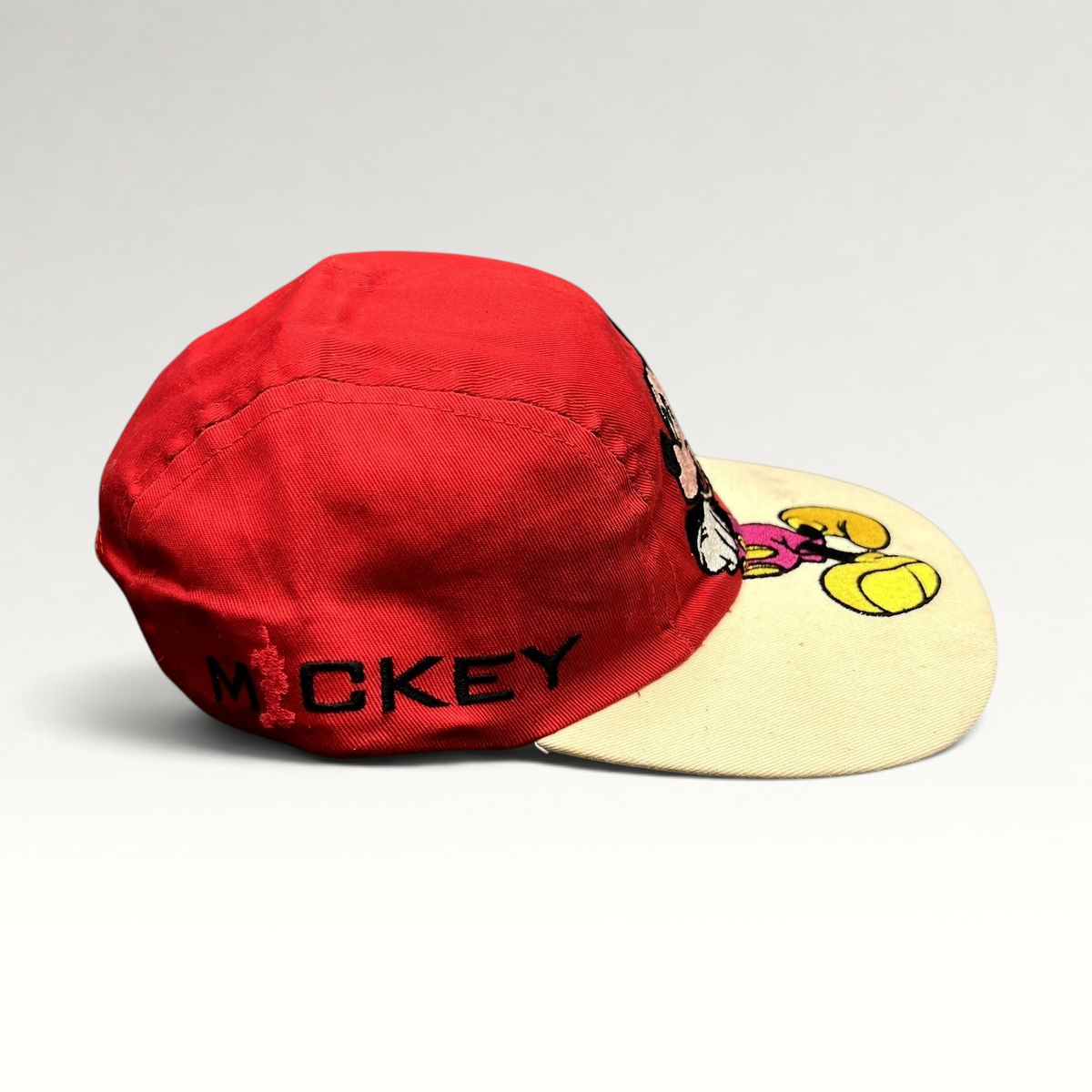 Raree Finds Disney Mickey Mouse youth snapback hat in red and white with embroidered character graphic and side text