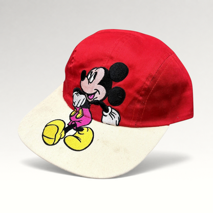 Raree Finds Disney Mickey Mouse youth snapback hat with red crown, white brim, and large embroidered Mickey graphic.