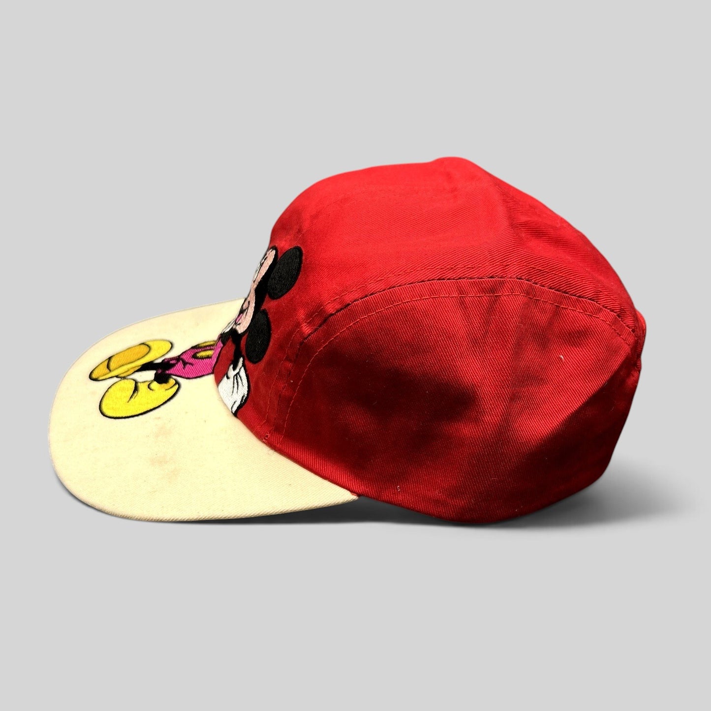 Raree Finds Disney Mickey Mouse youth snapback hat with red crown, white brim, and embroidered character graphic.