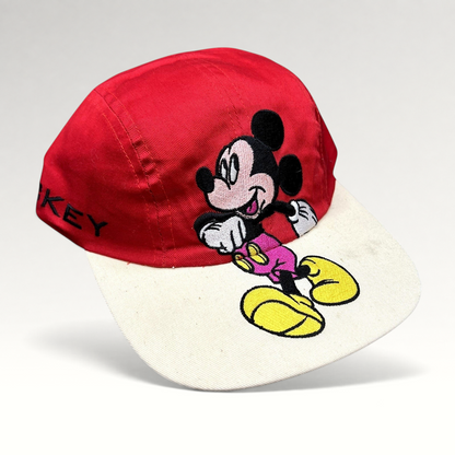 Raree Finds Disney Mickey Mouse youth snapback hat with red crown, white brim, and embroidered character graphic.