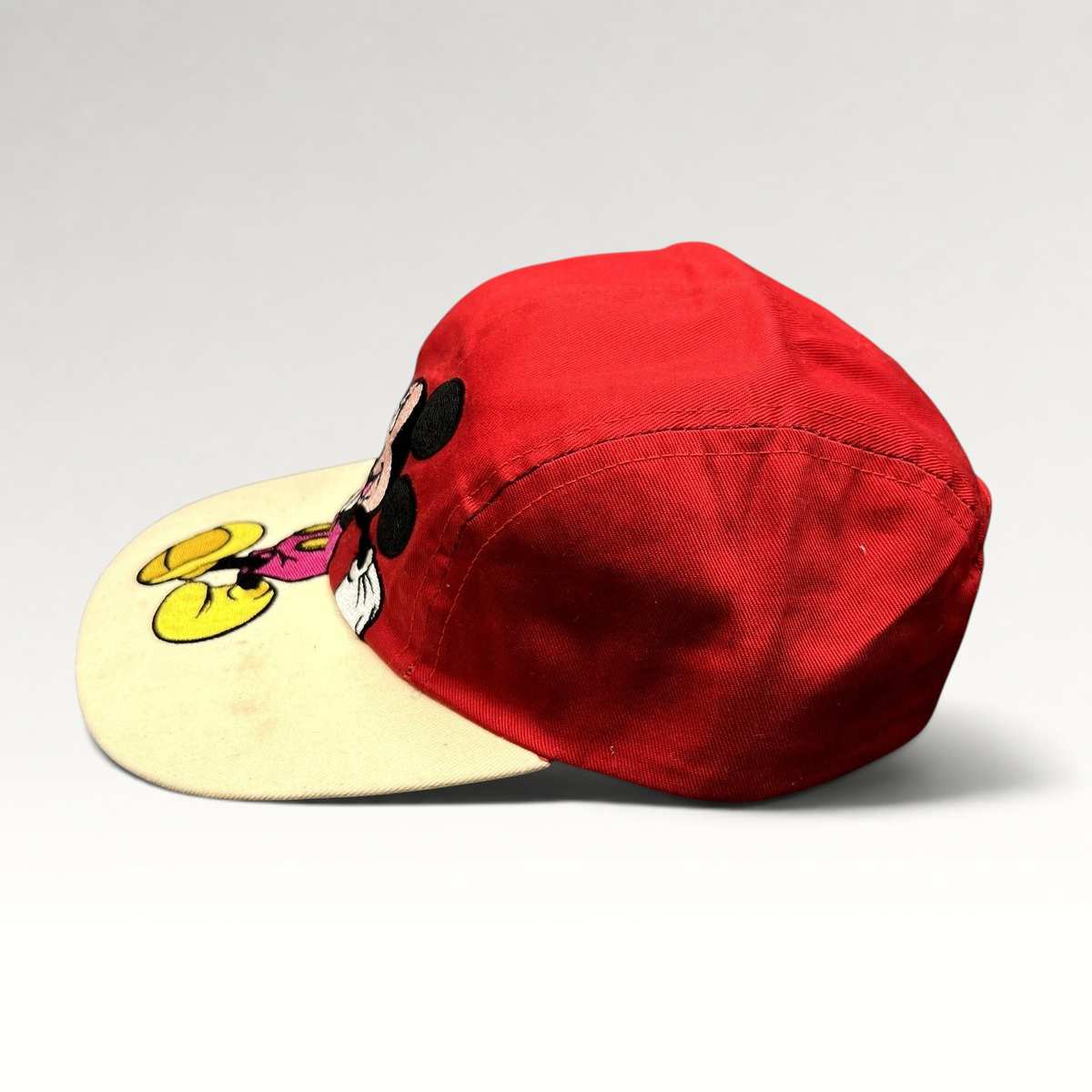 Raree Finds Disney Mickey Mouse youth snapback hat with red crown, white brim, and embroidered character graphic.