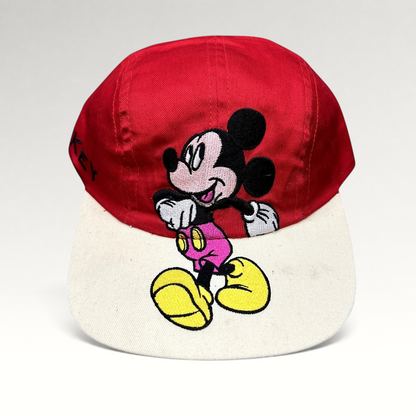 Raree Finds Disney Mickey Mouse youth snapback hat with red crown, white brim, and large embroidered Mickey graphic.