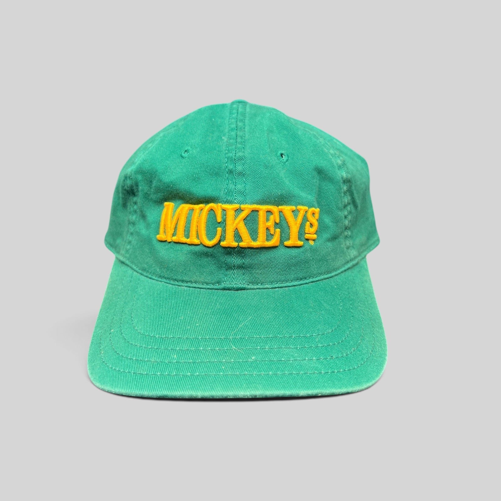 Raree Finds vintage 90s Mickey’s Malt Liquor emerald green cotton cap with raised gold embroidered logo