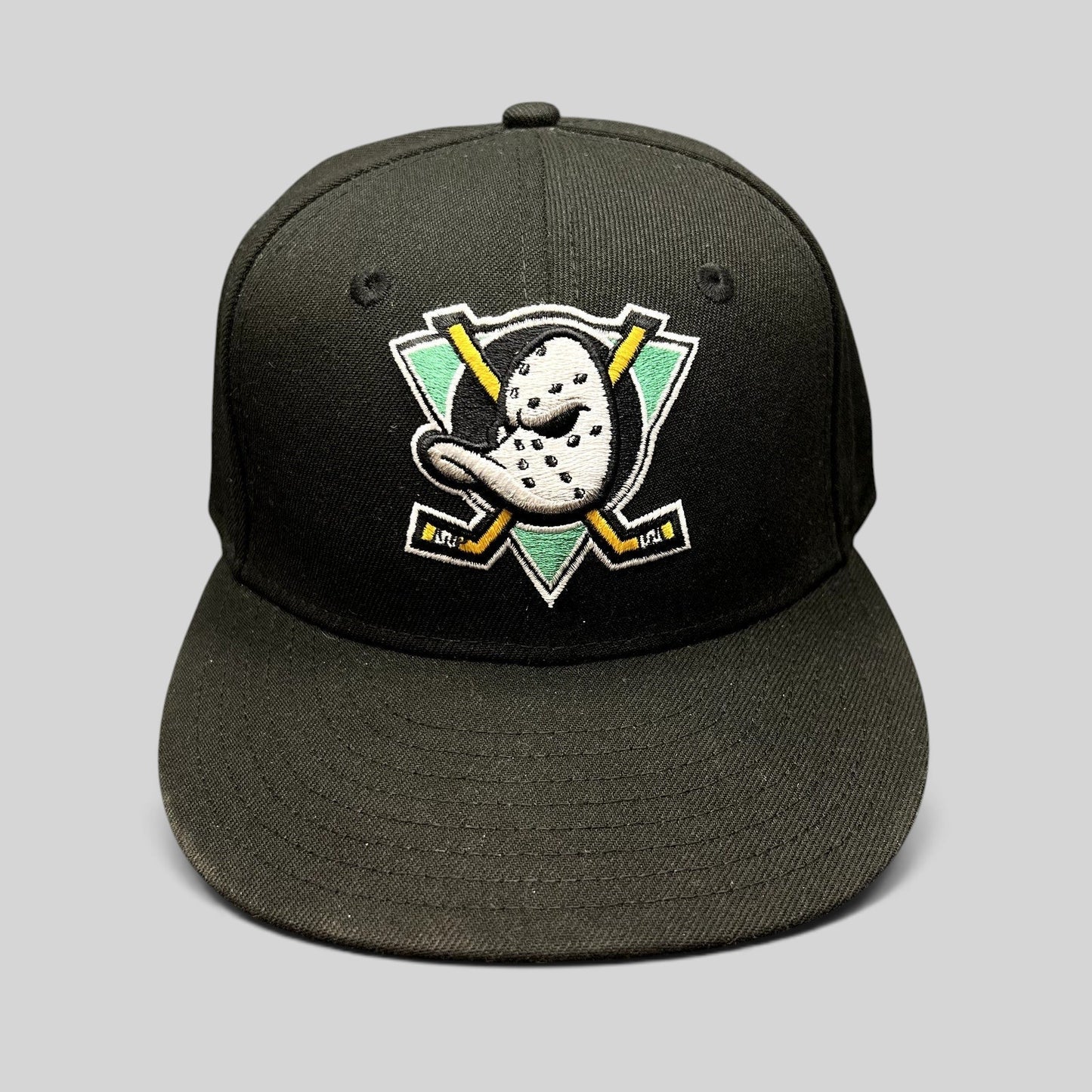 Raree Finds black New Era 59FIFTY fitted hat featuring the embroidered Anaheim Mighty Ducks goalie mask logo