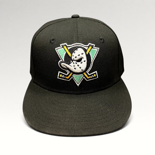 Raree Finds black New Era 59FIFTY fitted hat featuring the embroidered Anaheim Mighty Ducks goalie mask logo