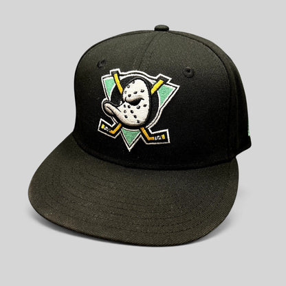 Raree Finds black New Era 59FIFTY fitted hat featuring the embroidered Anaheim Mighty Ducks goalie mask logo.