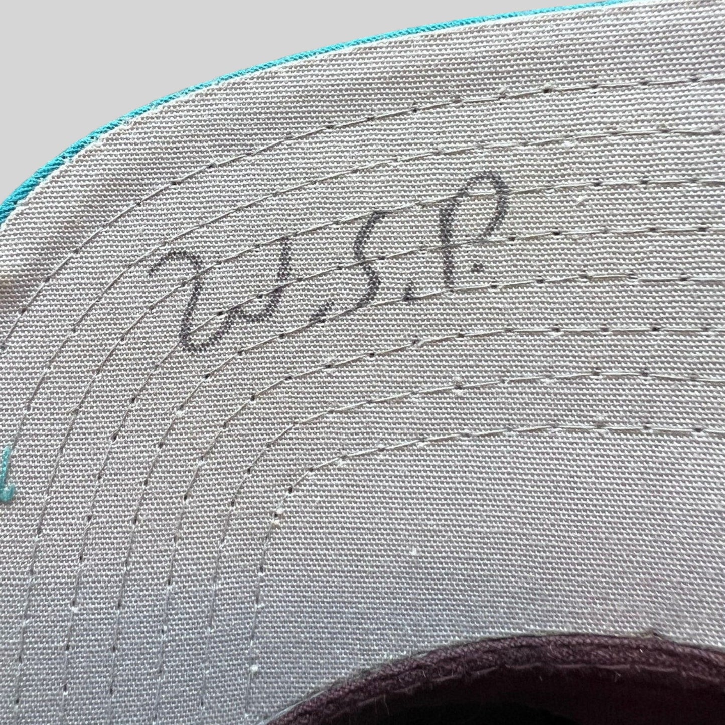 Raree Finds vintage 90s Anaheim Mighty Ducks snapback hat showing initials written on the gray undervisor