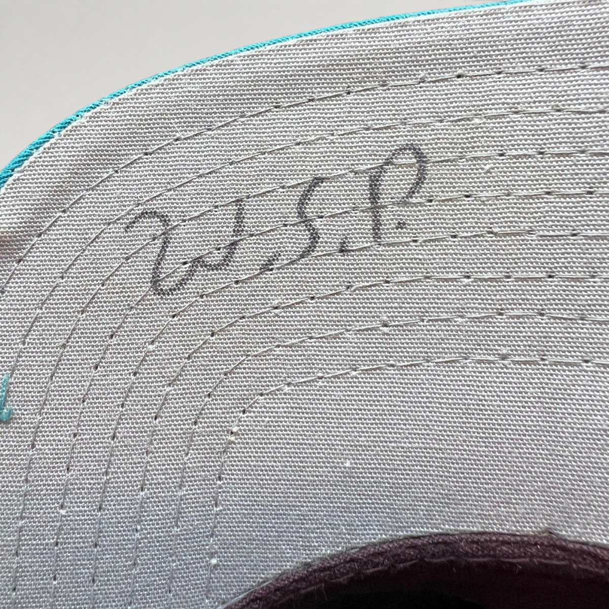 Raree Finds vintage 90s Anaheim Mighty Ducks snapback hat showing initials written on the gray undervisor