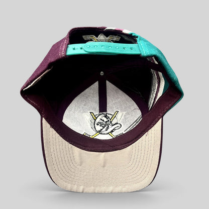 Raree Finds vintage Anaheim Mighty Ducks Apex One snapback hat interior view showing logo and teal adjustable strap
