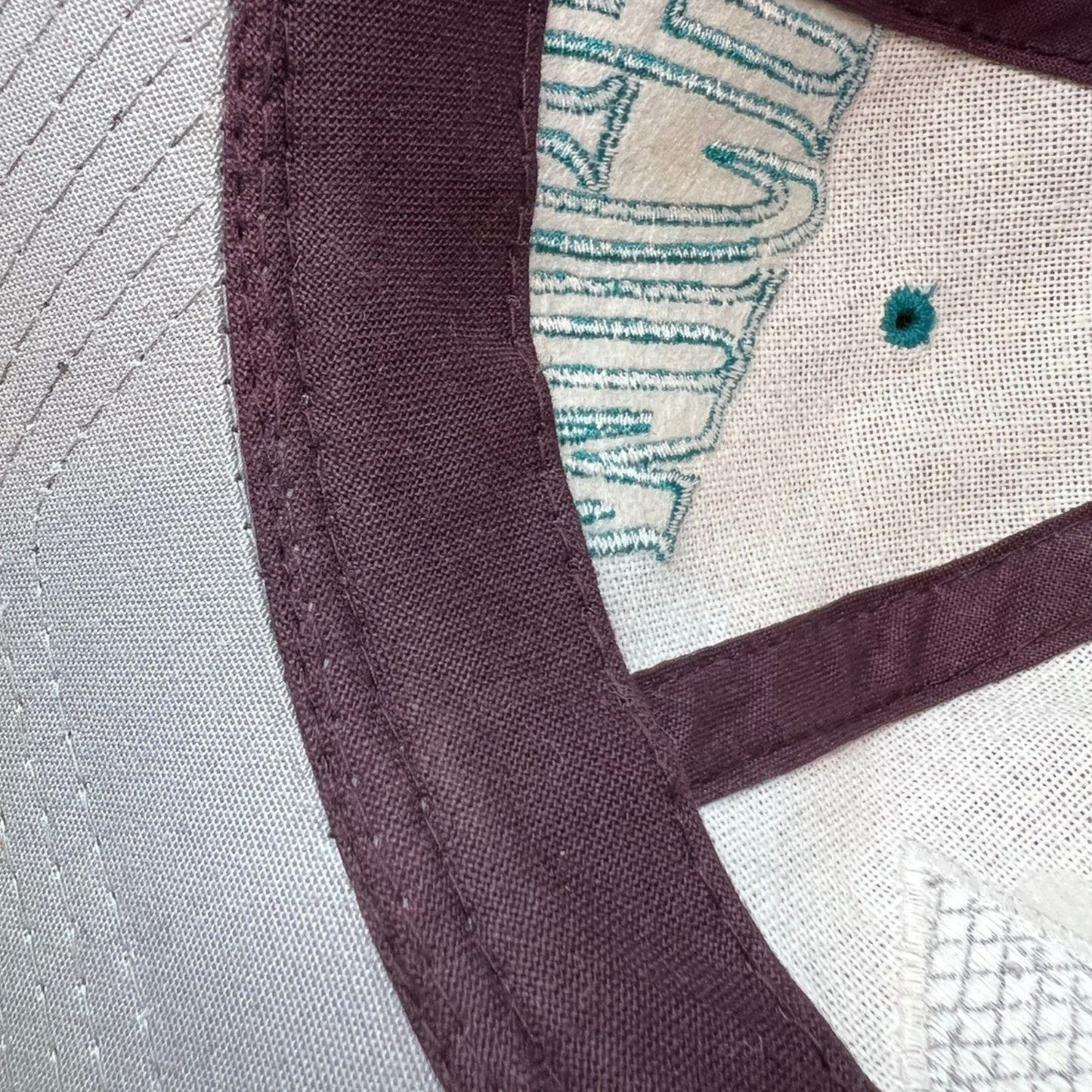 Raree Finds vintage 90s Anaheim Mighty Ducks Starter snapback hat interior showing eggplant crown and gray undervisor