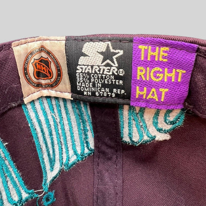 Raree Finds vintage 90s Starter Mighty Ducks snapback interior tag with NHL logo and The Right Hat branding