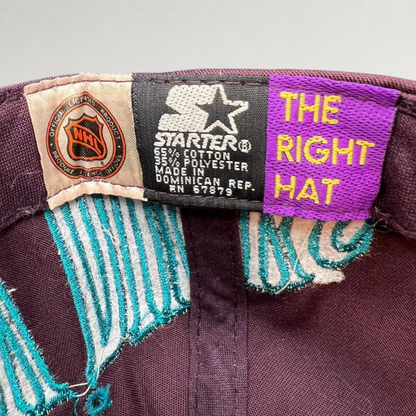 Raree Finds vintage 90s Starter Mighty Ducks snapback interior tag with NHL logo and The Right Hat branding