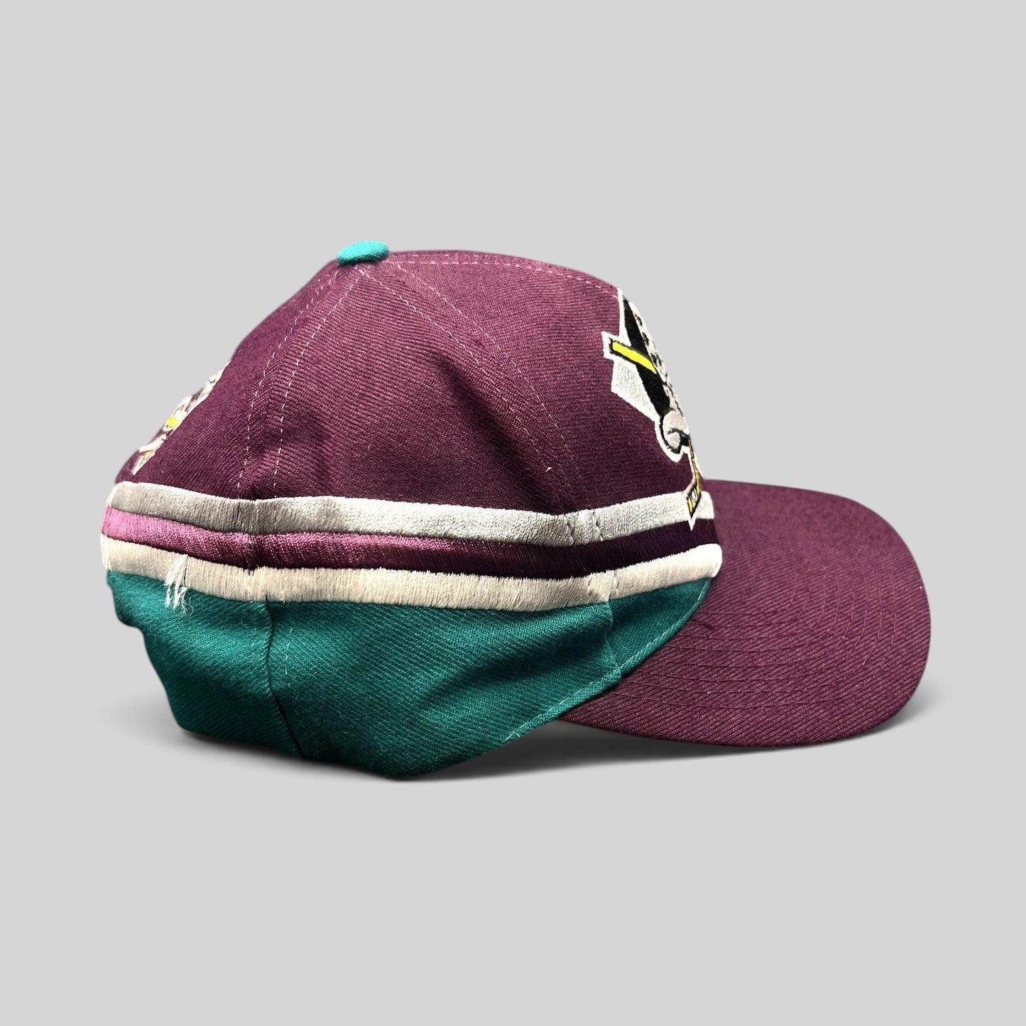 Raree Finds vintage Anaheim Mighty Ducks Apex One snapback hat in purple and teal with a wave design and goalie logo.