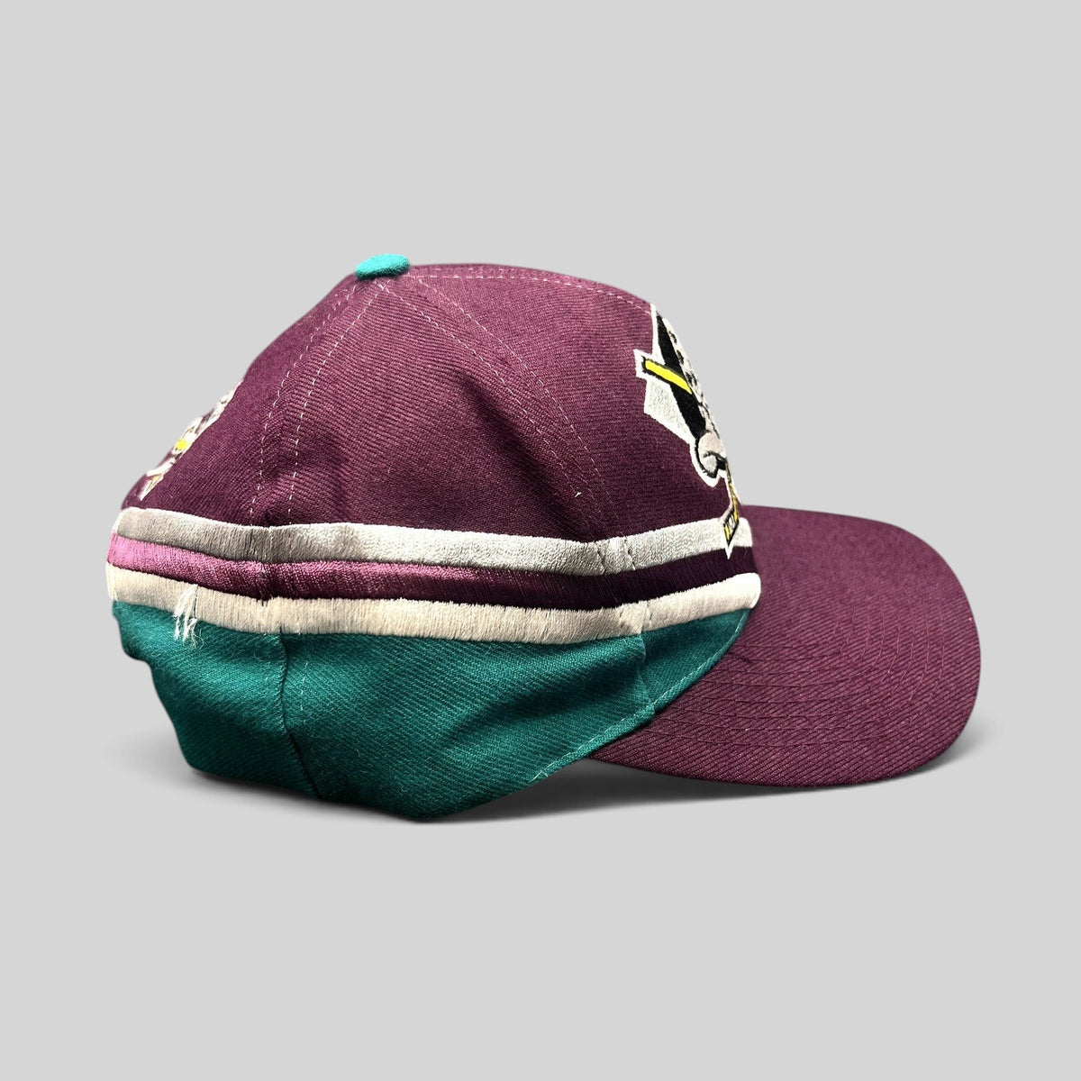 Raree Finds vintage Anaheim Mighty Ducks Apex One snapback hat in purple and teal with a wave design and goalie logo.