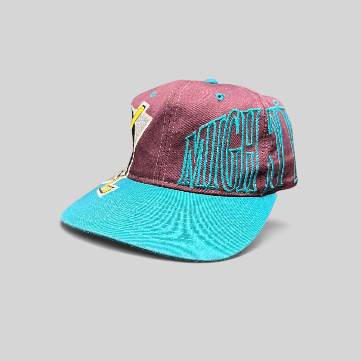 Raree Finds vintage 90s Anaheim Mighty Ducks Starter snapback hat with eggplant crown, teal brim, and script logo.