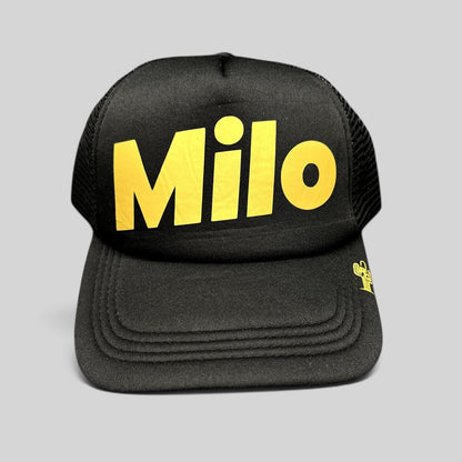 Raree Finds Milo black foam trucker hat with yellow oversized front logo and small cactus embroidery on the brim.