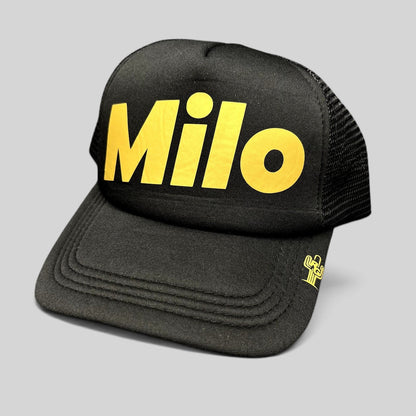 Raree Finds black foam trucker hat with yellow Milo logo on front and small yellow cactus embroidery on the brim.