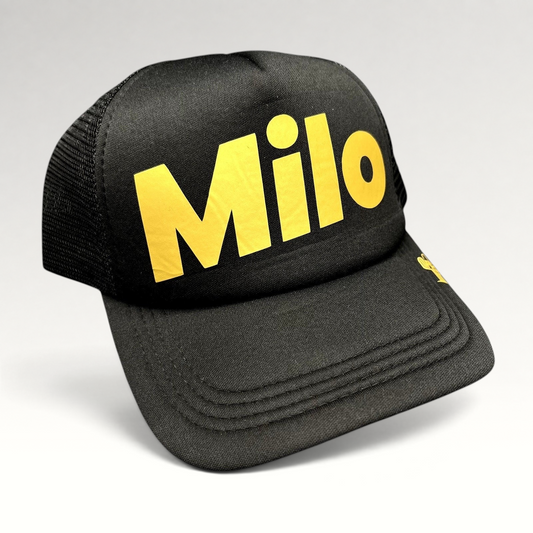 Raree Finds black foam trucker hat with yellow Milo logo and side cactus embroidery, featuring a mesh back.