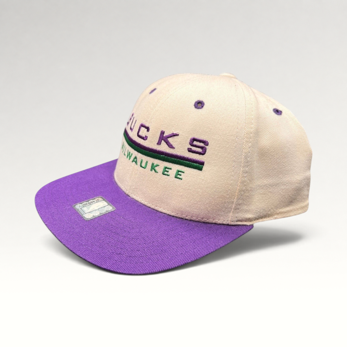 Raree Finds vintage 1990s Milwaukee Bucks Pro Player snapback hat with white crown, purple brim, and logo embroidery.