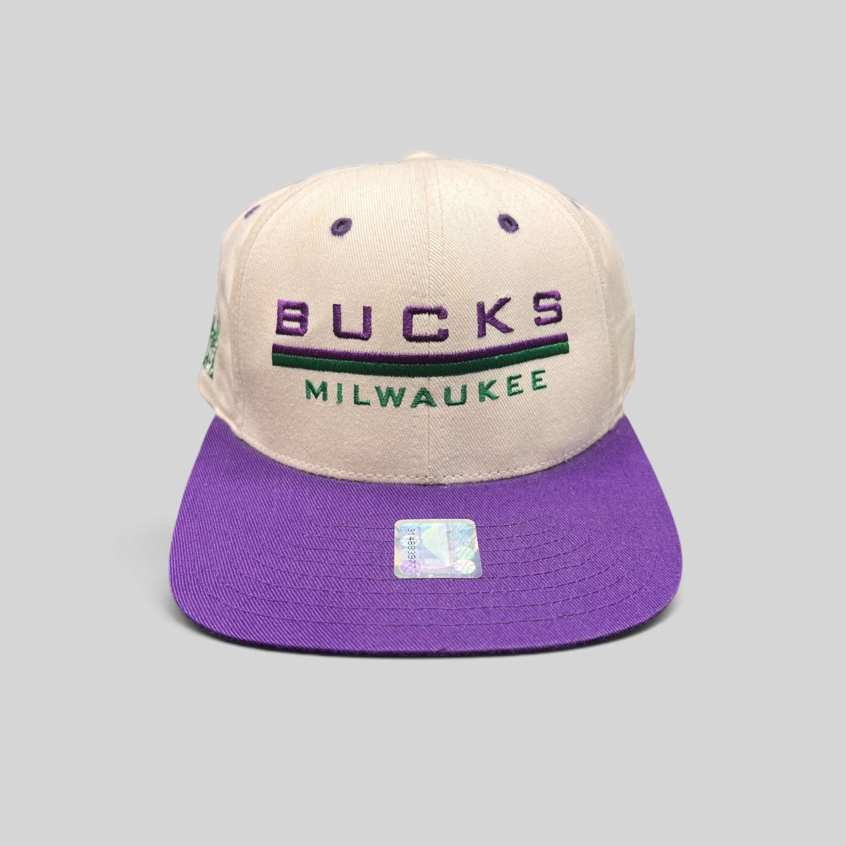 Raree Finds vintage 1990s Milwaukee Bucks snapback hat with white crown, purple brim, and embroidered team logo.
