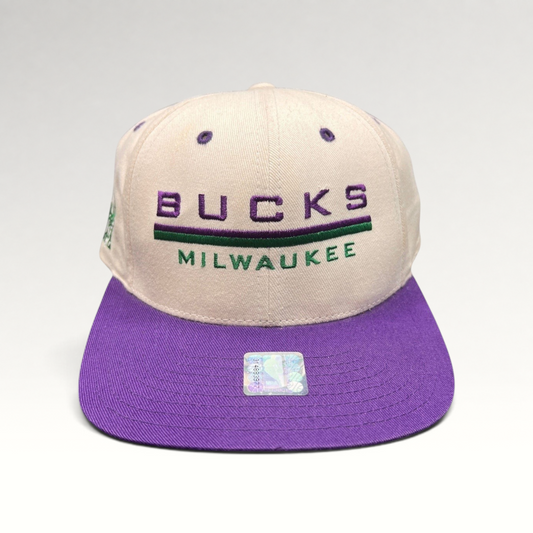 Raree Finds vintage 1990s Milwaukee Bucks snapback hat with white crown, purple brim, and embroidered team logo.