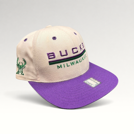 Raree Finds vintage 1990s Milwaukee Bucks snapback hat with white crown, purple brim, and embroidered team logo.