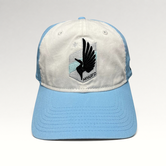 Raree Finds Minnesota United FC New Era 9TWENTY strapback hat with white front panel and light blue crown and visor