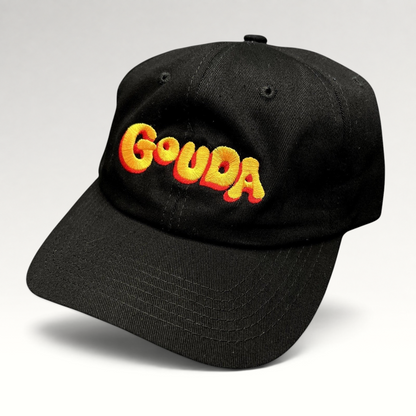Raree Finds black cotton strapback hat by Mister Parmesan featuring colorful embroidered Gouda text on the front