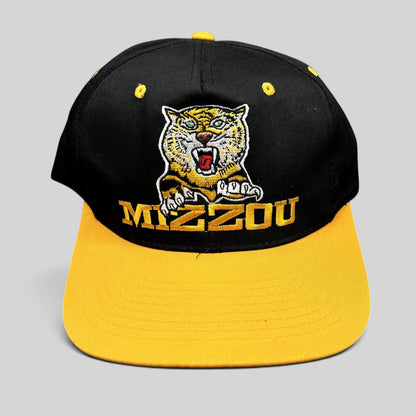 Raree Finds vintage University of Missouri Mizzou snapback hat in black and gold with embroidered tiger mascot logo