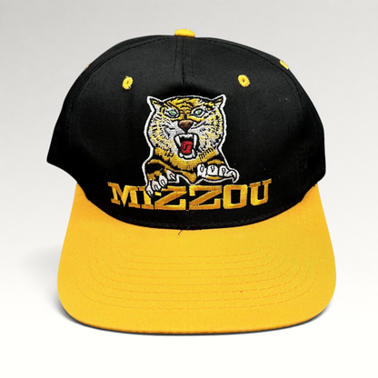 Raree Finds vintage University of Missouri Mizzou snapback hat in black and gold with embroidered tiger mascot logo