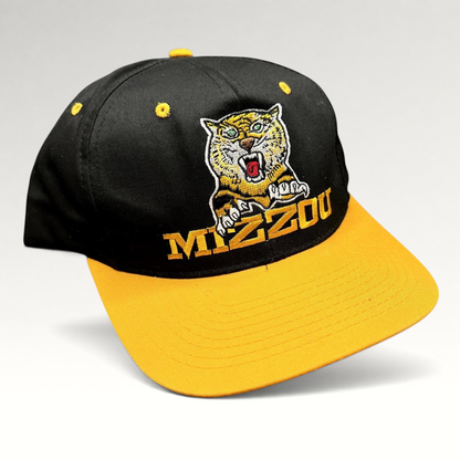 Raree Finds vintage University of Missouri Mizzou Tigers snapback hat in black and gold with embroidered tiger mascot.