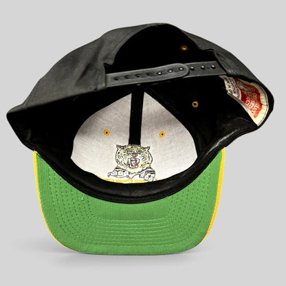 Raree Finds vintage University of Missouri Mizzou snapback hat showing the green undervisor and interior tiger graphic