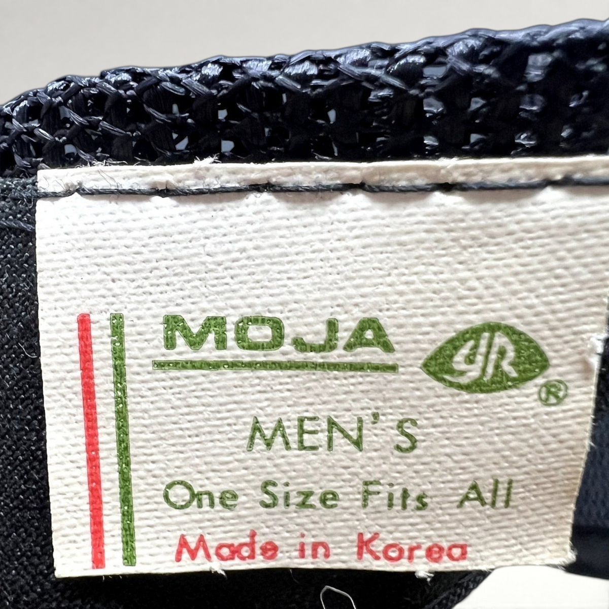 Raree Finds vintage MOJA brand label inside a 1980s Miami Vice trucker hat, showing Made in Korea text.