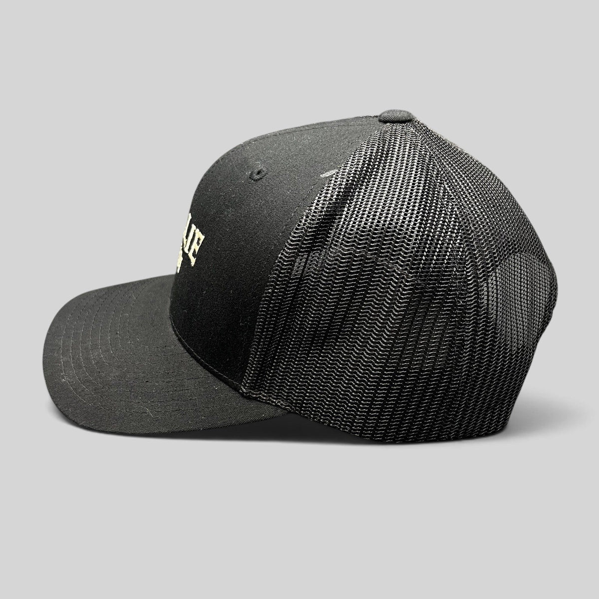 Raree Finds MOLLIE Aspen black trucker hat with breathable mesh back and structured front panel side view