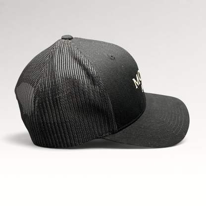 Raree Finds MOLLIE Aspen black trucker hat with breathable mesh back and structured front embroidery
