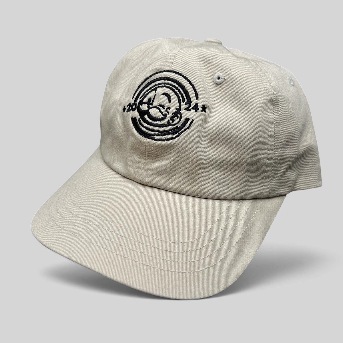 Raree Finds cream Monopoly GO promotional strapback hat with black embroidered Mr. Monopoly 2024 logo on front