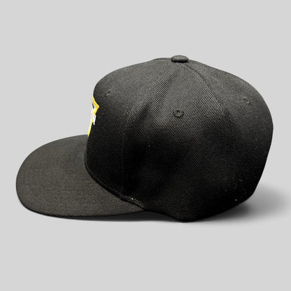 Raree Finds black Monster Jam snapback hat with flat bill and yellow and white embroidered logo on the side profile
