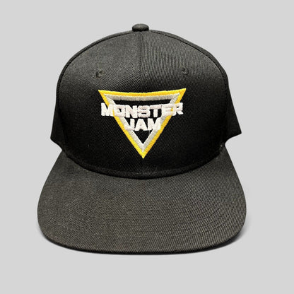 Raree Finds black Monster Jam snapback hat with a white, black, and yellow embroidered triangular logo on the front.