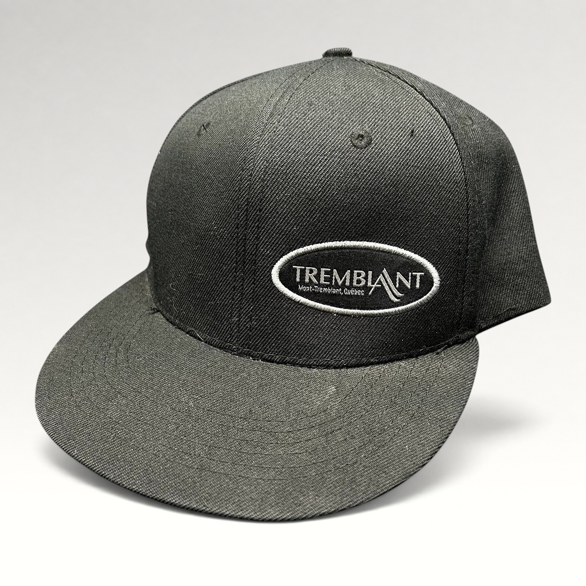 Raree Finds black Fits snapback hat featuring an embroidered oval Mont Tremblant Quebec ski resort logo on the front.