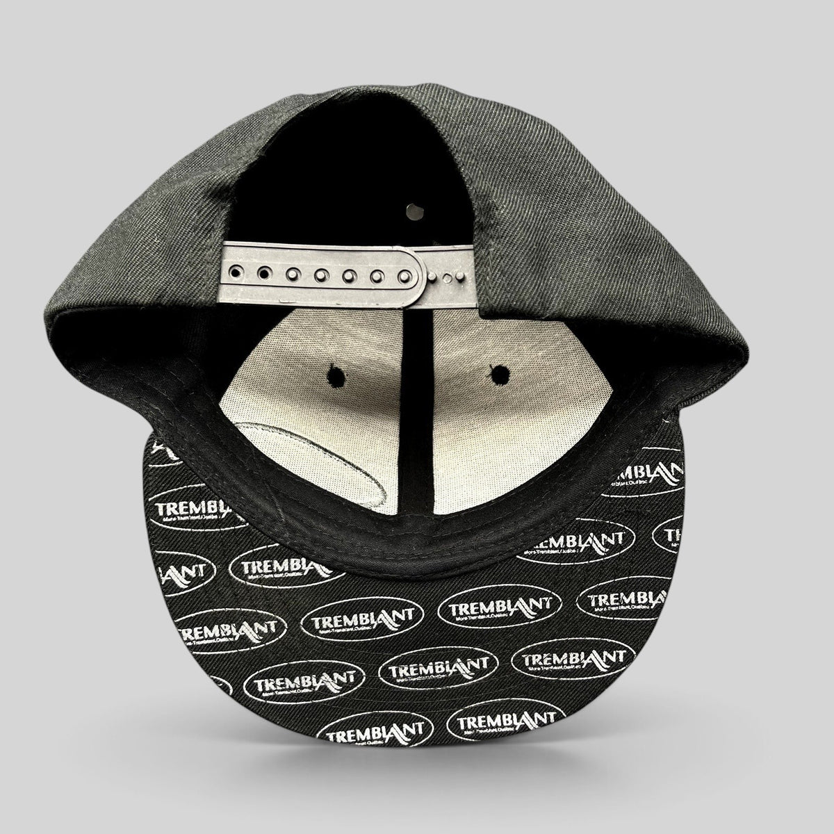 Raree Finds black snapback hat with Mont Tremblant logo print on the underbrim and adjustable snapback closure