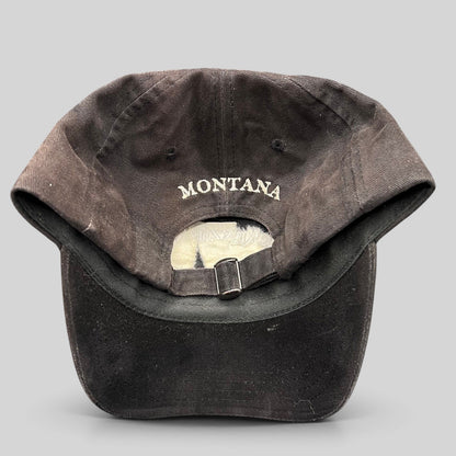 Raree Finds vintage dark brown strapback hat with Montana embroidered on the back in white thread