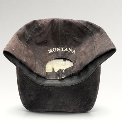 Raree Finds vintage dark brown strapback hat with Montana embroidered on the back in white thread