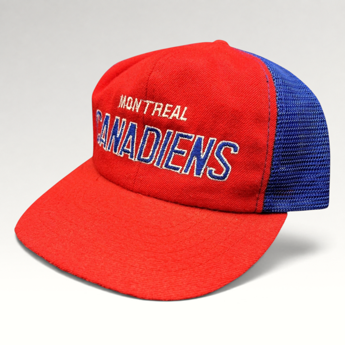 Raree Finds vintage Montreal Canadiens NHL mesh trucker snapback hat in red and blue with embroidered front script.