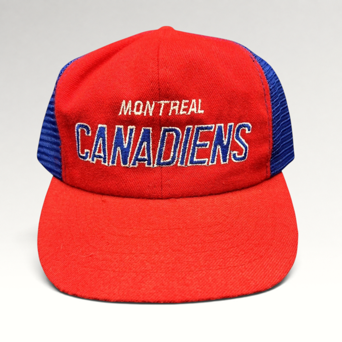 Raree Finds vintage Montreal Canadiens NHL mesh trucker snapback hat in red and blue with embroidered front script