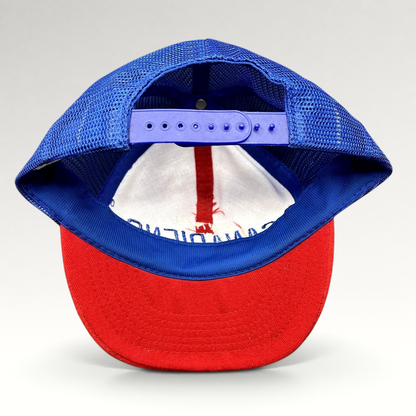 Raree Finds vintage Montreal Canadiens NHL mesh trucker snapback hat with blue adjustable snap closure and red brim.