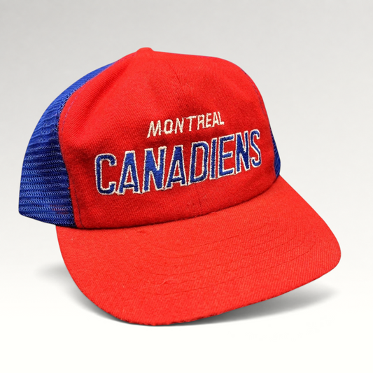Raree Finds vintage Montreal Canadiens NHL mesh trucker snapback hat in red and blue with embroidered script logo.