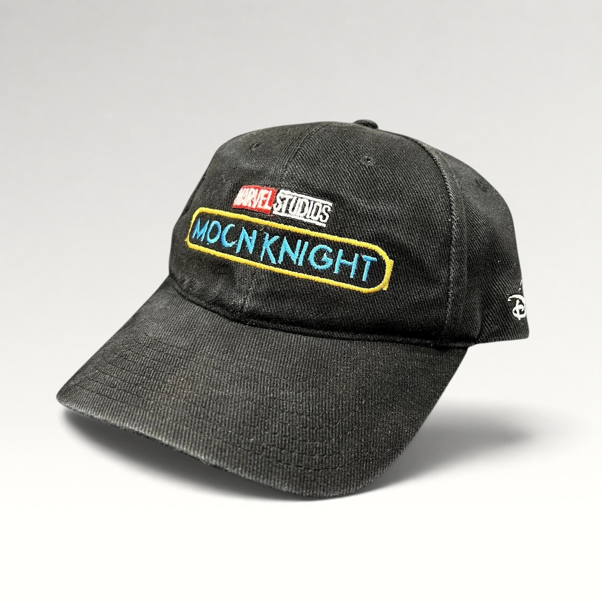Raree Finds black cotton Moon Knight cast and crew strapback hat with embroidered Marvel Studios and series logos.